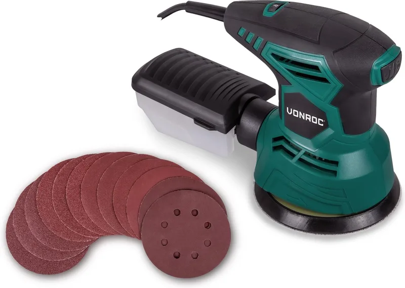 Excentrische schuurmachine – 300W - Ø125mm – Met stofopvangbox & 12 stuks schuurpapier de VONROC – image du produit
