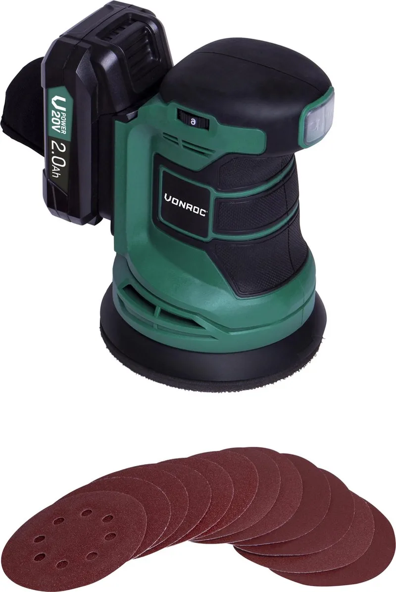 Excentrische schuurmachine – VPower 20V - Incl. 2.0Ah accu & oplader - Ø125mm - Met stofzak & 12 stuks schuurpapier fra VONROC – produktbillede