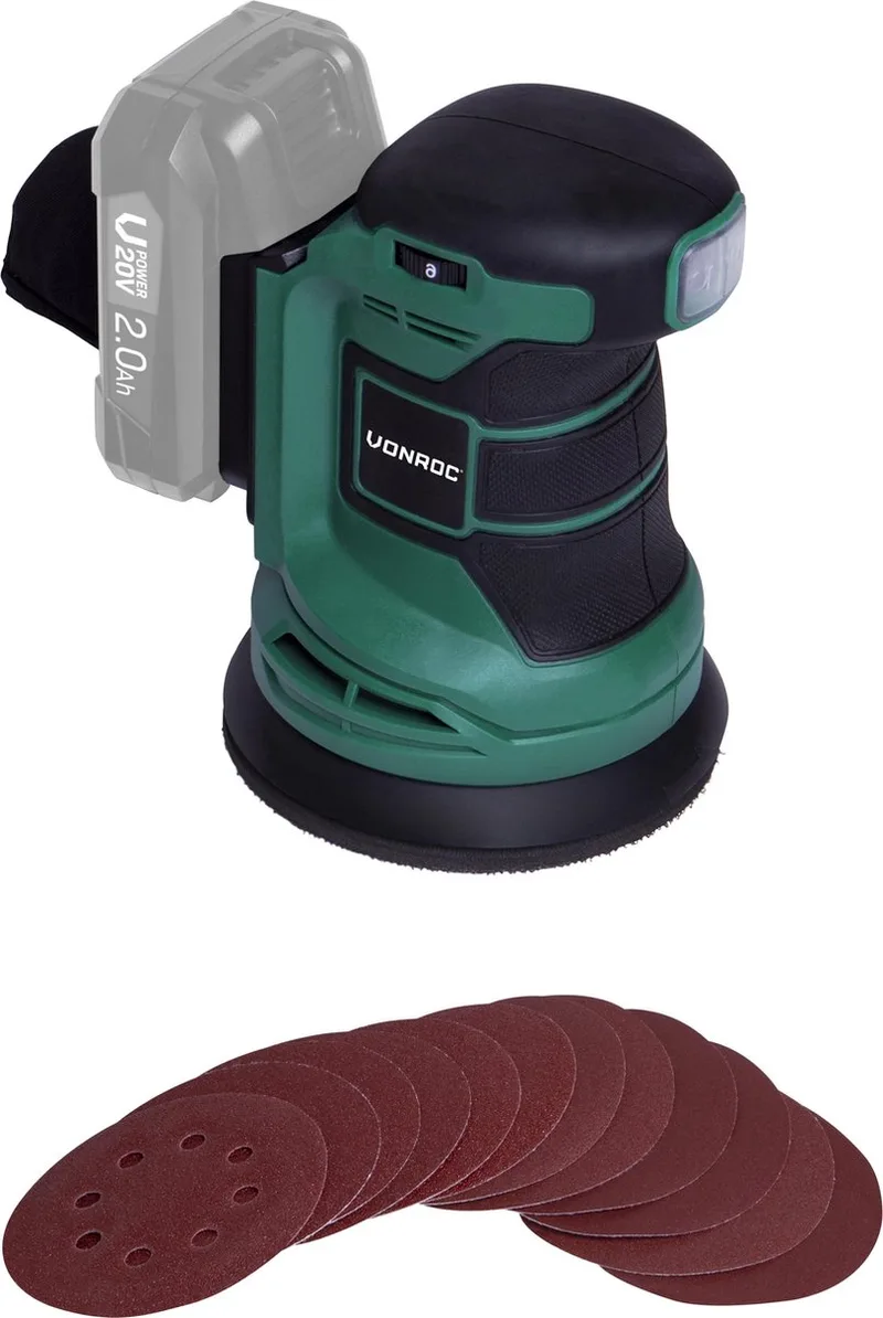 Excentrische schuurmachine – VPower 20V - Zonder accu & lader - Ø125mm - Met stofzak & 12 stuks schuurpapier de VONROC – image du produit