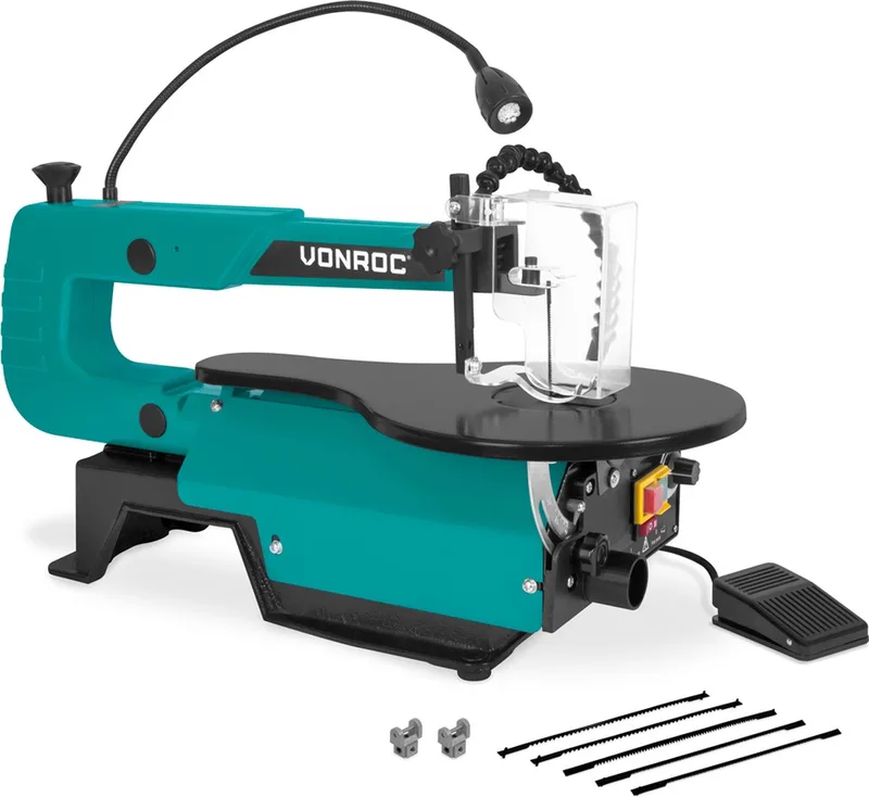 Figuurzaagmachine 120W – incl. voetpedaal – LED werklamp – Flexibele stofblazer - Incl. 6 zaagbladen von VONROC, Grün – Produktbild