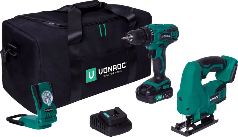 Gereedschapsset VPower 20V – Accuboormachine, Decoupeerzaag, LED-Werkverlichting, 1x 2.0Ah accu en Snellader von VONROC – Produktbild