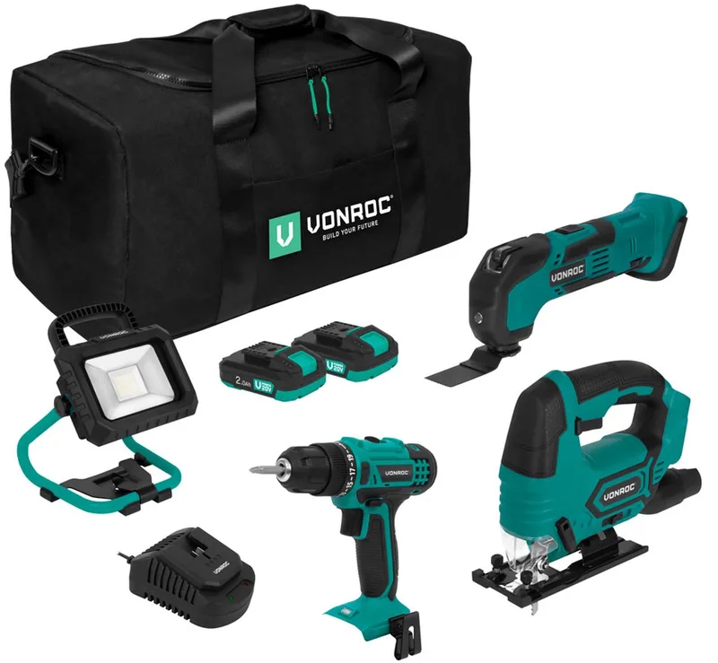 Gereedschapsset VPower 20V – Accuboormachine, Decoupeerzaag, Oscillerende Multitool, LED-Werkverlichting, 2x 2.0Ah accu en Snellader von VONROC – Produktbild