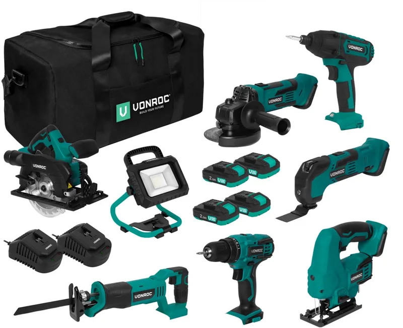 Gereedschapsset VPower 20V – Accuboormachine, Decoupeerzaag, Oscillerende Multitool, Haakse Slijper, Cirkelzaag, Slagschroevendraaier, Reciprozaag, LED-Werkverlichting, 4x 2.0Ah accu en 2x Snellader fra VONROC – produktbillede