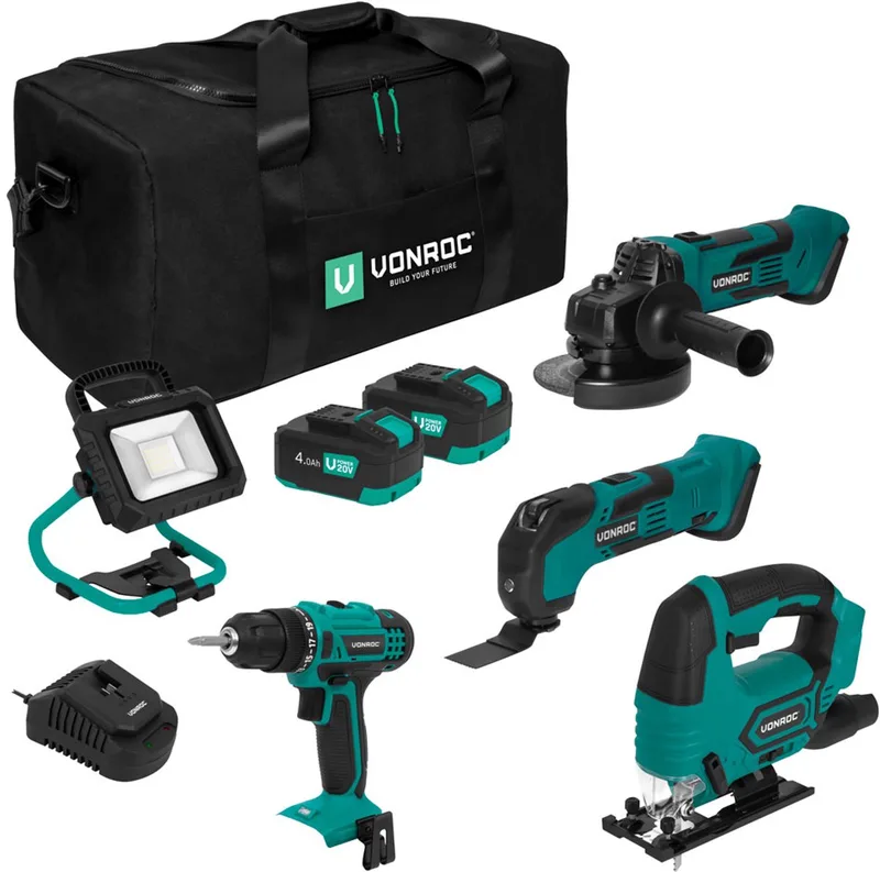 Gereedschapsset VPower 20V – Accuboormachine, Decoupeerzaag, Oscillerende Multitool, Haakse Slijper, LED-Werkverlichting, 2x 4.0Ah accu en Snellader fra VONROC – produktbillede