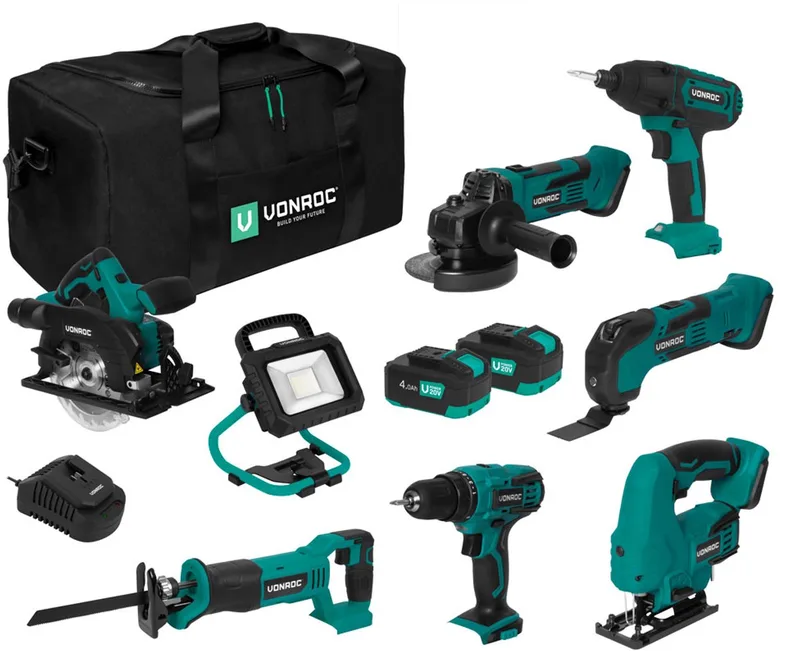 Gereedschapsset VPower 20V – Accuboormachine, Decoupeerzaag, Oscillerende Multitool, Haakse Slijper, Cirkelzaag, Slagschroevendraaier, Reciprozaag, LED-Werkverlichting, 2x 4.0Ah accu en Snellader von VONROC – Produktbild