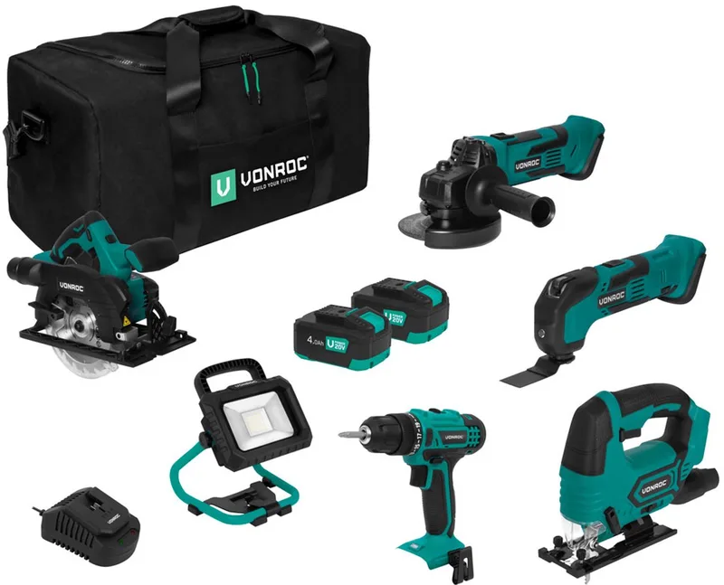 Gereedschapsset VPower 20V – Accuboormachine, Decoupeerzaag, Oscillerende Multitool, Haakse Slijper, Cirkelzaag, LED-Werkverlichting, 2x 4.0Ah accu en Snellader de VONROC – image du produit