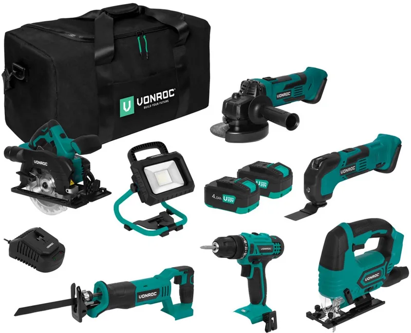 Gereedschapsset VPower 20V – Accuboormachine, Decoupeerzaag, Oscillerende Multitool, Haakse Slijper, Cirkelzaag, Reciprozaag, LED-Werkverlichting, 2x 4.0Ah accu en Snellader de VONROC – image du produit