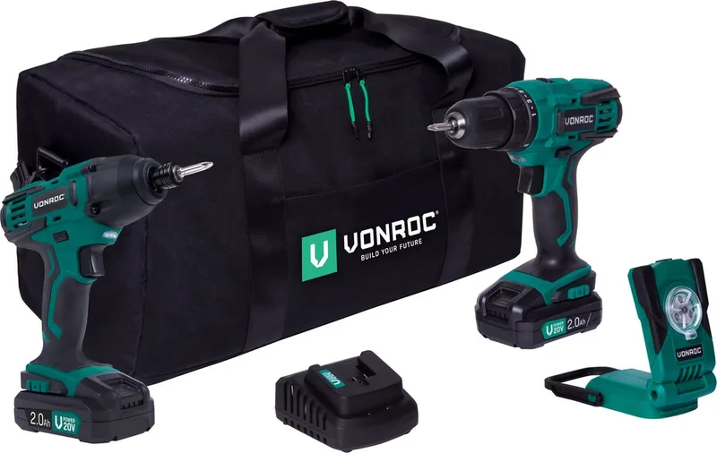 Gereedschapsset VPower 20V – Accuboormachine, Slagschroevendraaier, LED-Werkverlichting, 2x 2.0Ah accu en Snellader von VONROC – Produktbild