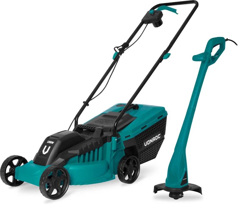 Grasmaaier 1300W en Grastrimmer 300W – Complete set – 32 cm maaibreedte - Drie instelbare maaihoogtes: 30/50/70 mm - Incl. 30L Opvangbak by VONROC – product image