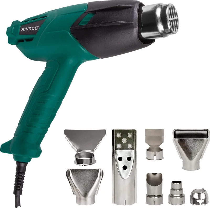 Heteluchtpistool – Verfafbrander – 2000W – 2 temperatuurstanden – Incl. 8 mondstukken & opbergtas by VONROC – product image