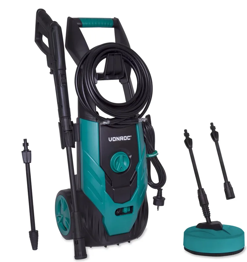 Hogedrukreiniger V18-2 1800W – 140 bar – 420 l/h – Incl. 8m slang, geïntegreerde reinigingsmiddelen tank, terrasreiniger, spuitstukken en accessoires de VONROC – image du produit