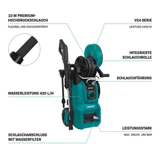 Hogedrukreiniger V24-2 - 2400W – 180 bar - Incl. 10m premium slang, terrasreiniger, schuimsproeier en accessoires van VONROC – productafbeelding 4 van 5