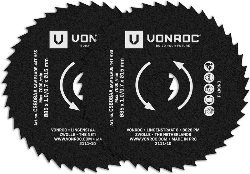 HSS zaagbladen voor mini cirkel- en invalzagen – 85x15mm – 44 tanden - 2 stuks cirkelzaagbladen – Voor hout, laminaat en non-ferro metalen de VONROC – image du produit