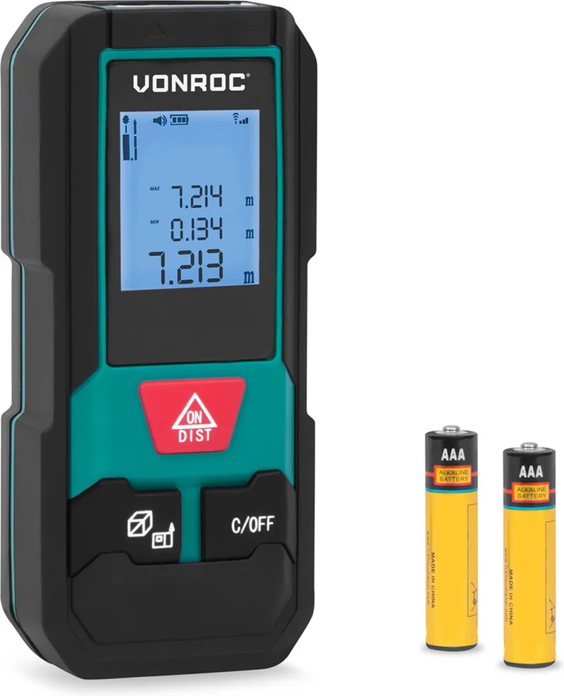Laser Afstandsmeter – 20 meter bereik – Zeer compact formaat – meet afstand, oppervlakte, volume, Pythagorisch – aanpasbare meetreferentie – Inclusief batterijen by VONROC – product image