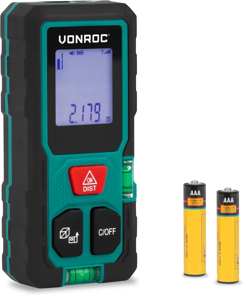Laser Afstandsmeter – 50 meter bereik – Zeer compact formaat – meet afstand, oppervlakte, volume, Pythagorisch – Incl. handige rekenfuncties – Incl. batterijen by VONROC – product image