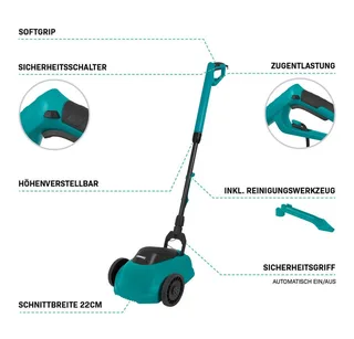 Mini Elektrische Grasmaaier – 350W – 22 cm – Maaien en mulchen in één - Drie instelbare maaihoogtes: 30mm, 40mm, 50mm – Incl. reinigingstool van VONROC – productafbeelding 3 van 5