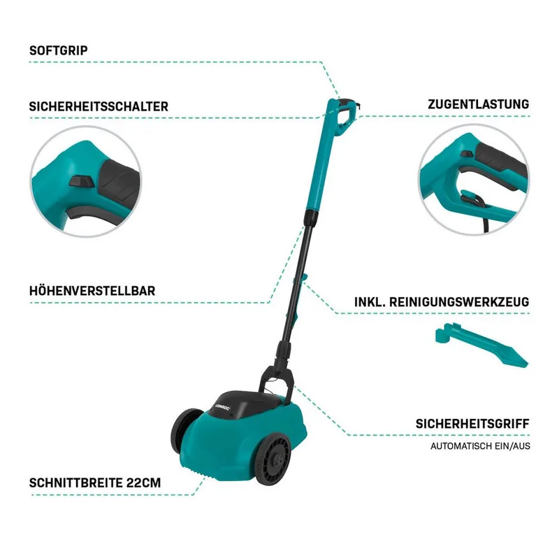 Mini Elektrische Grasmaaier – 350W – 22 cm – Maaien en mulchen in één - Drie instelbare maaihoogtes: 30mm, 40mm, 50mm – Incl. reinigingstool van VONROC – productafbeelding 3 van 5