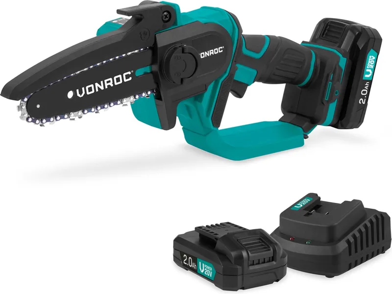 Mini Kettingzaag 20V – 152mm - Incl. 2x 2.0Ah accu’s en snellader de VONROC – image du produit