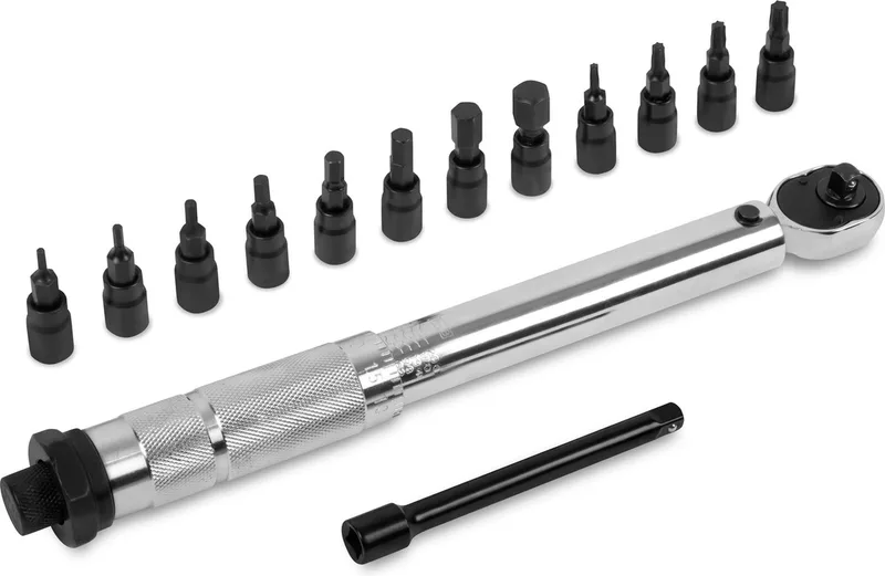 Momentsleutel ¼” - 265mm - 5-25Nm – Incl. 12-delige bitset (8 x Inbus, 4 x Torx) en 100mm verlengstuk - in stevige opbergkoffer de VONROC, Chrome – image du produit