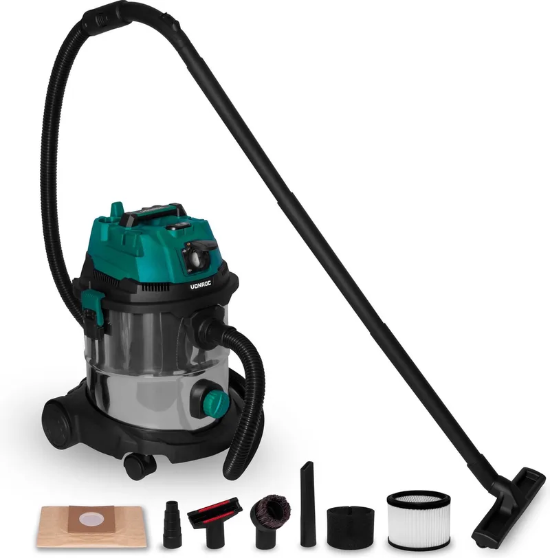 Nat- en droogzuiger / Stofzuiger - 1400W – Inschakelautomaat - Blaasfunctie – 20L RVS tank – 3m slang - 6m stroomkabel van VONROC – productafbeelding