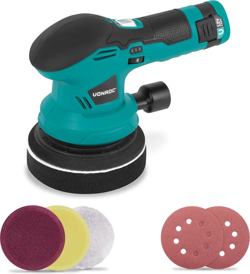 Polijstmachine 12V - Ø 125mm - dual action - 2-in-1: polijsten en schuren - Incl. Accu, usb-c kabel, 4 polijstschijven en schuurpapier de VONROC – image du produit