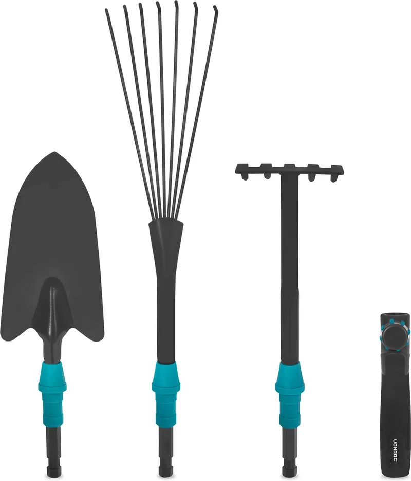 Premium tuingereedschap set 3-in-1, V-Fix systeem, met bladhark, handhark en schepje – gepoedercoat staal von VONROC – Produktbild