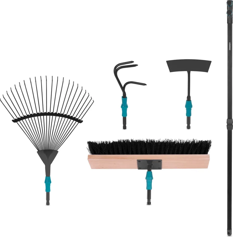 Premium tuingereedschap set 4-in-1, V-Fix systeem, met bladhark, bezem, schoffel en cultivator – gepoedercoat staal von VONROC – Produktbild
