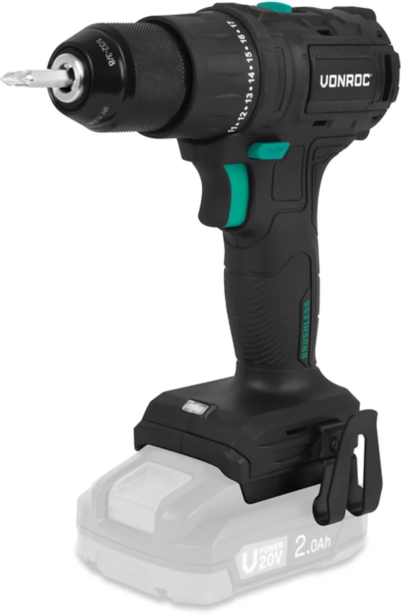 PRO Accuboormachine 20V – 40 Nm – Brushless motor - 17 schroefstanden + boorstand - Incl. 2 bits - Excl. Accu en snellader von VONROC – Produktbild