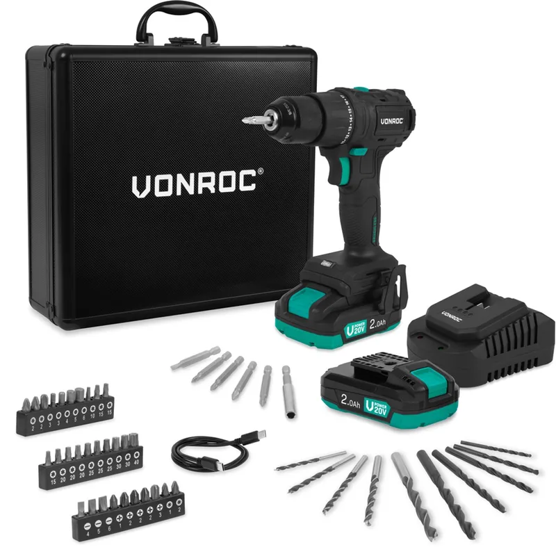 PRO Accuboormachine 20V – 40 Nm – Brushless motor - 17 schroefstanden + boorstand - Incl. 2x 2.0Ah accu, snellader en 46 accessoires in luxe koffer de VONROC – image du produit