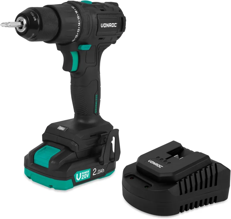 PRO Accuboormachine 20V – 40 Nm – Brushless motor - 17 schroefstanden + boorstand - Incl. 2 bits - Incl. 2.0Ah Accu en snellader de VONROC – image du produit