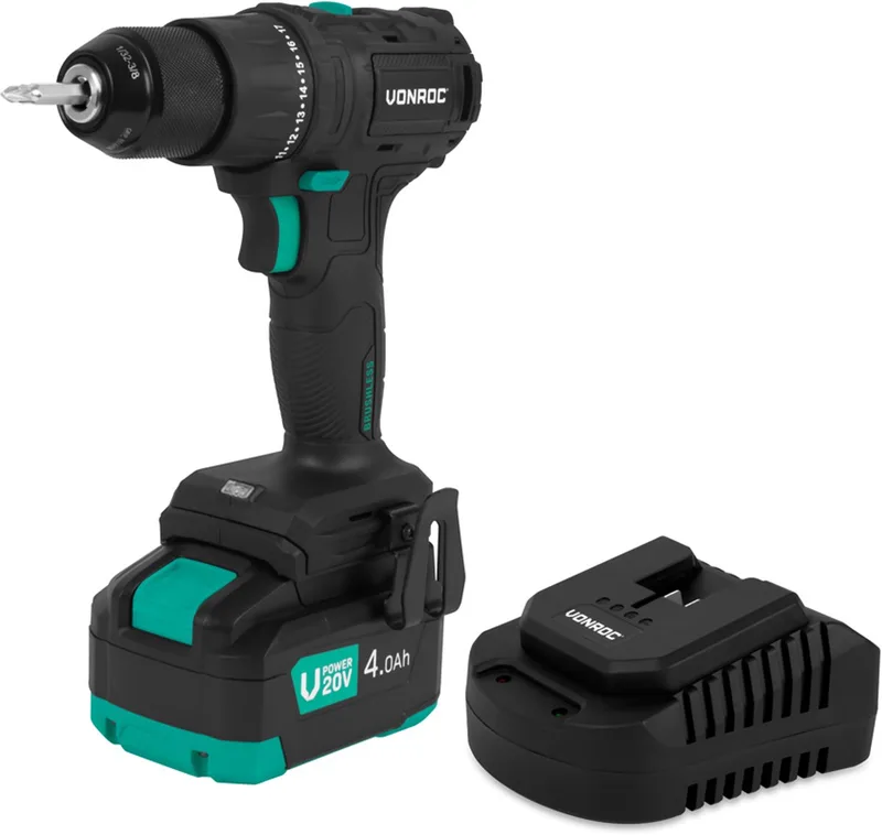 PRO Accuboormachine 20V – 40 Nm – Brushless motor - 17 schroefstanden + boorstand - Incl. 2 bits - Incl. 4.0Ah Accu en snellader van VONROC – productafbeelding
