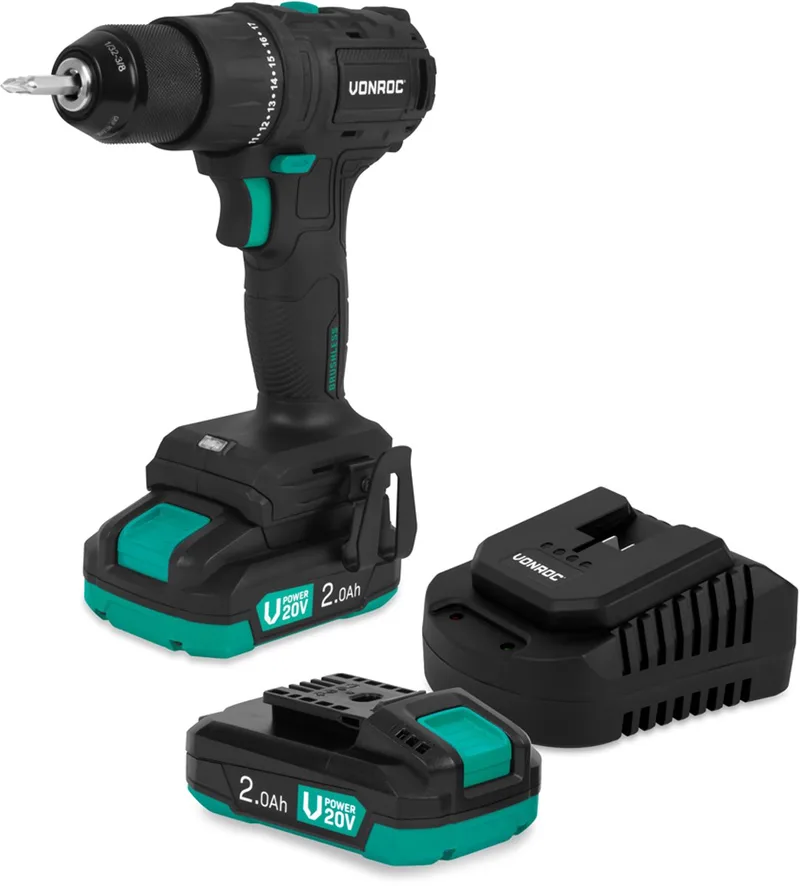 PRO Accuboormachine 20V – 40 Nm – Brushless motor - 17 schroefstanden + boorstand - Incl. 2 bits - Incl. 2x 2.0Ah Accu en snellader von VONROC – Produktbild