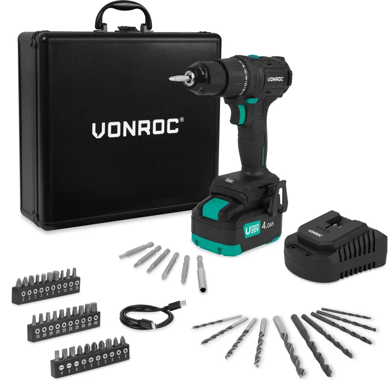 PRO Accuboormachine 20V – 40 Nm – Brushless motor - 17 schroefstanden + boorstand - Incl. 4.0Ah accu, snellader en 46 accessoires in luxe koffer de VONROC – image du produit