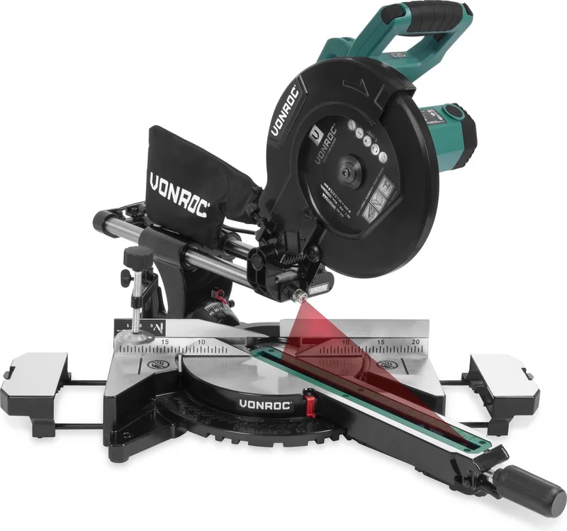 PRO afkortzaag - kapzaag - verstekzaag – 2200W - Ø255mm – Zaagt hout, kunststof en metaal – Instelbare snelheid – Zaagcapaciteit 340mm –Verstelbare tafelverbreders – Trekfunctie – Kantelbaar – Lengtestop - Incl. zaagblad, laser & LED van VONROC – productafbeelding