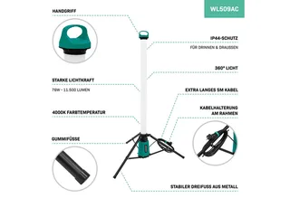 PRO Bouwlamp 360° - LED - 76W - met driepoot/statief - Zeer krachtig: 11.500 lumen - hoogte: 151 cm - 5 meter kabel van VONROC, Groen – productafbeelding 3 van 4