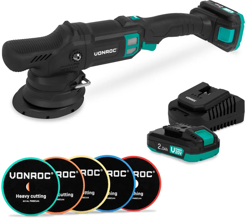 PRO Excentrische Polijstmachine 20V - Ø 125mm - Brushless motor – 7 snelheden (2000-5000/min) - Soft Start– Complete set incl. 2x 2.0Ah Accu’s, Snellader en 5 Polijstschijven von VONROC – Produktbild