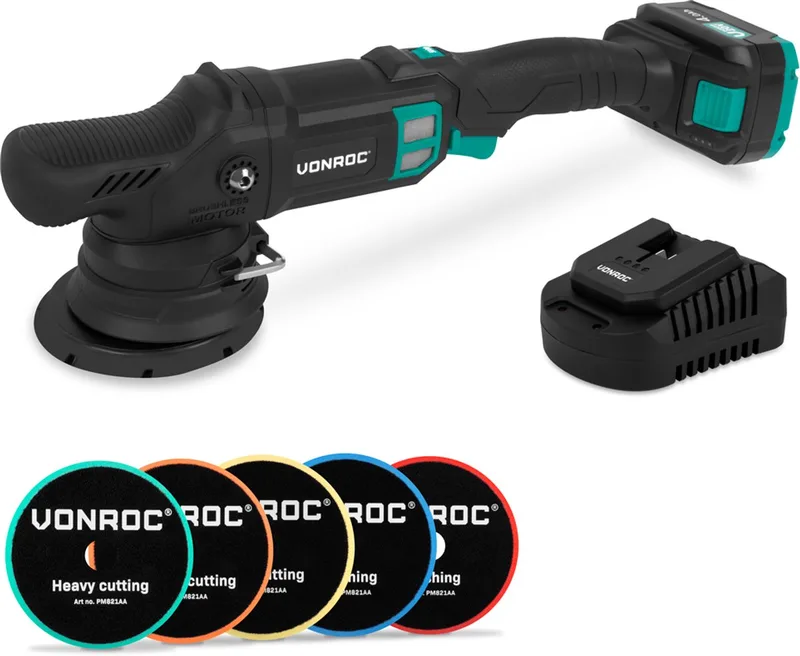 PRO Excentrische Polijstmachine 20V - Ø 125mm - Brushless motor – 7 snelheden (2000-5000/min) - Soft Start– Complete set incl. 4.0Ah Accu, Snellader en 5 Polijstschijven de VONROC – image du produit