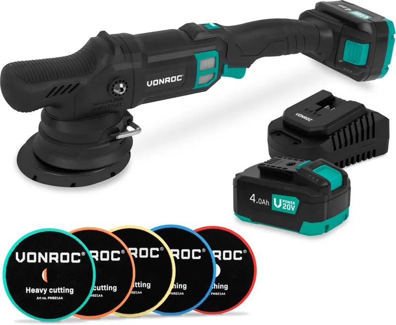 PRO Excentrische Polijstmachine 20V - Ø 125mm - Brushless motor – 7 snelheden (2000-5000/min) - Soft Start– Complete set incl. 2x 4.0Ah Accu’s, Snellader en 5 Polijstschijven de VONROC – image du produit