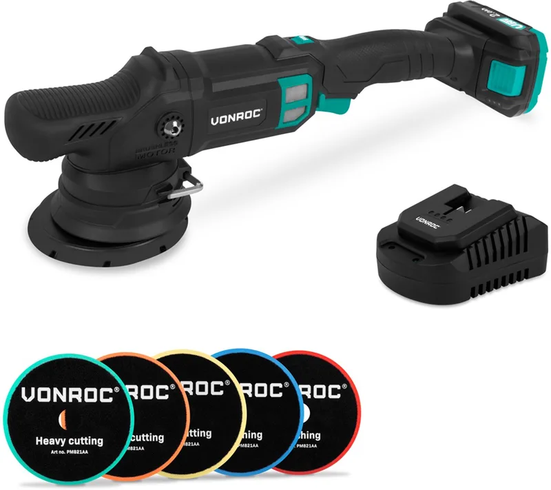 PRO Excentrische Polijstmachine 20V - Ø 125mm - Brushless motor – 7 snelheden (2000-5000/min) - Soft Start– Complete set incl. 2.0Ah Accu, Snellader en 5 Polijstschijven von VONROC – Produktbild