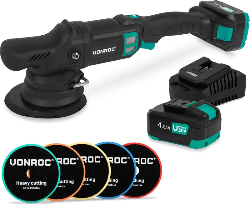 PRO Excentrische Polijstmachine 20V - Ø 150mm - Brushless motor – 7 snelheden (2000-5000/min) - Soft Start– Complete set incl. 2x 4.0Ah Accu’s, Snellader en 5 Polijstschijven by VONROC – product image