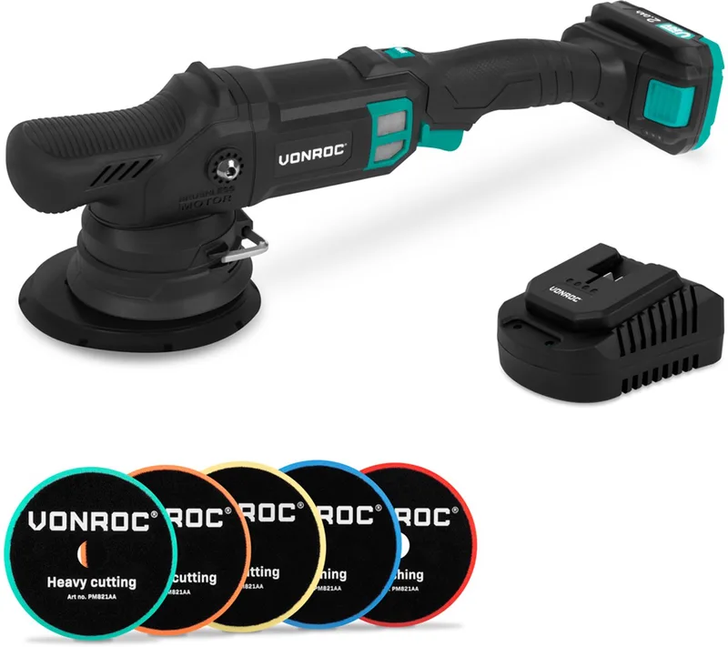 PRO Excentrische Polijstmachine 20V - Ø 150mm - Brushless motor – 7 snelheden (2000-5000/min) - Soft Start– Complete set incl. 2.0Ah Accu, Snellader en 5 Polijstschijven von VONROC – Produktbild