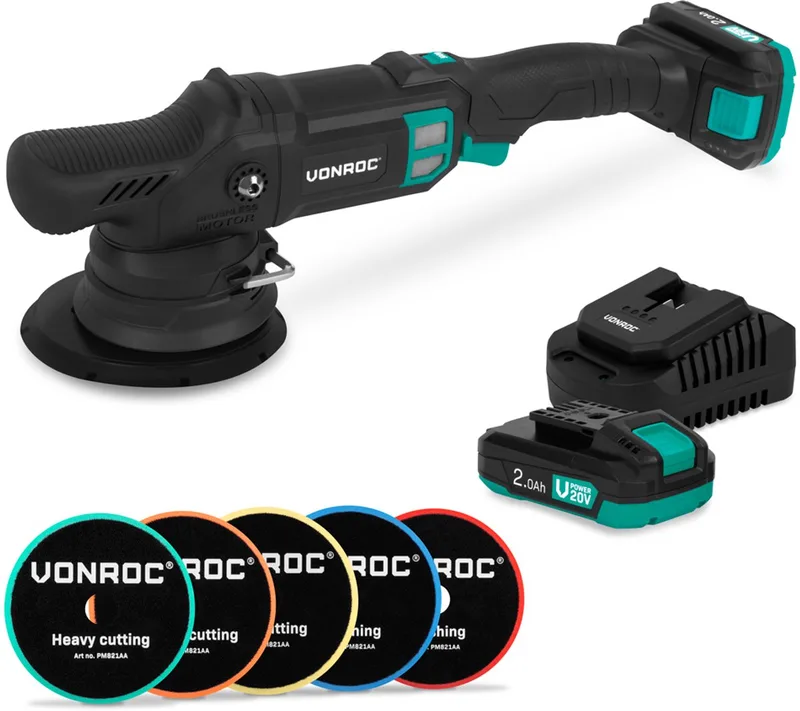 PRO Excentrische Polijstmachine 20V - Ø 150mm - Brushless motor – 7 snelheden (2000-5000/min) - Soft Start– Complete set incl. 2x 2.0Ah Accu’s, Snellader en 5 Polijstschijven de VONROC – image du produit