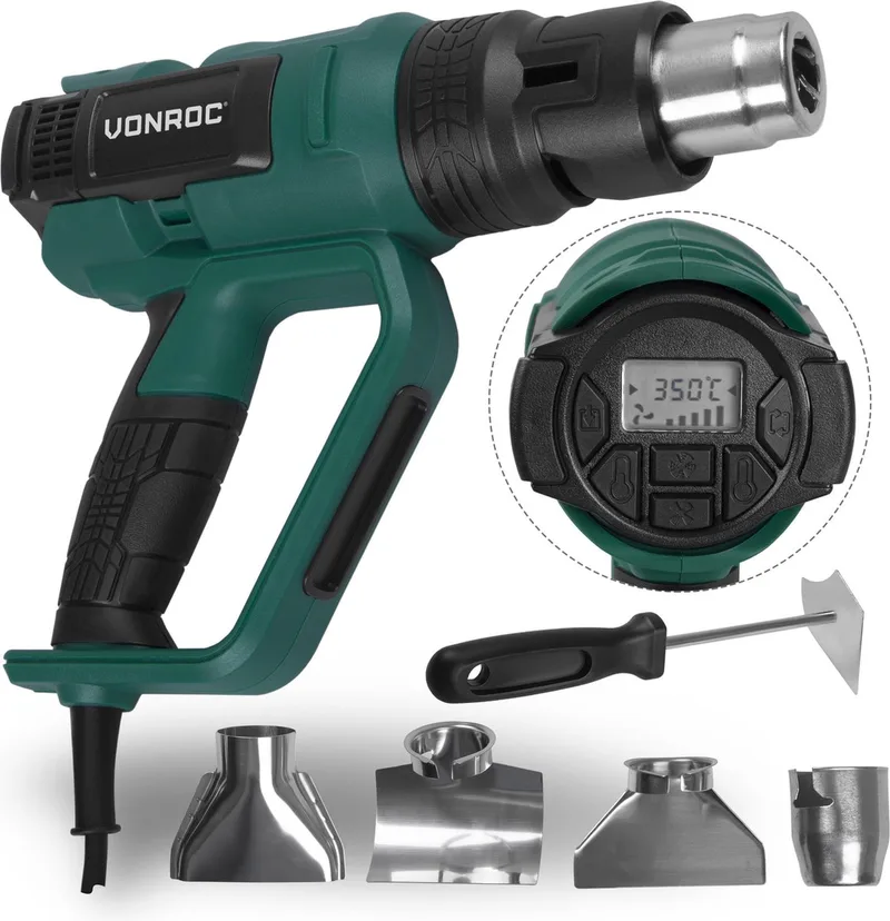 PRO Heteluchtpistool – 2000W – LCD display – 650°C – 500L/min – Incl. accessoires van VONROC – productafbeelding