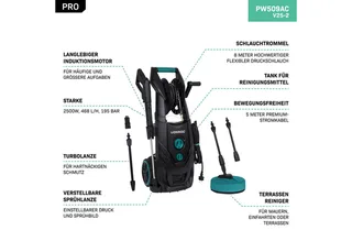PRO Hogedrukreiniger V25-2 – 2500W – 195 bar – 468 l/h – Duurzame inductiemotor – Incl. 8m slang, slanghaspel, terrasreiniger, reinigingstank en meer de VONROC – image du produit 3 sur 5
