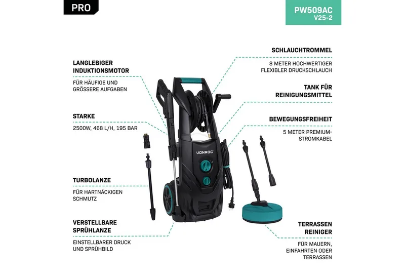 PRO Hogedrukreiniger V25-2 – 2500W – 195 bar – 468 l/h – Duurzame inductiemotor – Incl. 8m slang, slanghaspel, terrasreiniger, reinigingstank en meer de VONROC – image du produit 3 sur 5
