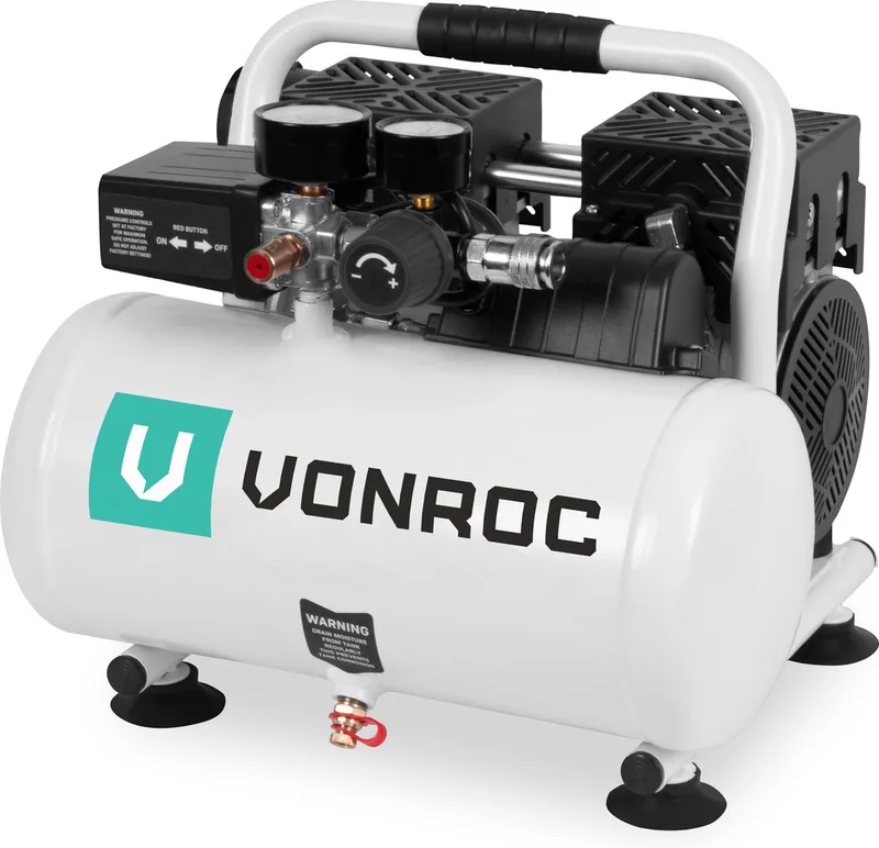 PRO Stille Compressor - Olievrij - 750W - 1PK - 128 l/min. – 6 Liter – 8 Bar – 57,5dB(A) – Silent – Low noise fra VONROC, Hvid – produktbillede