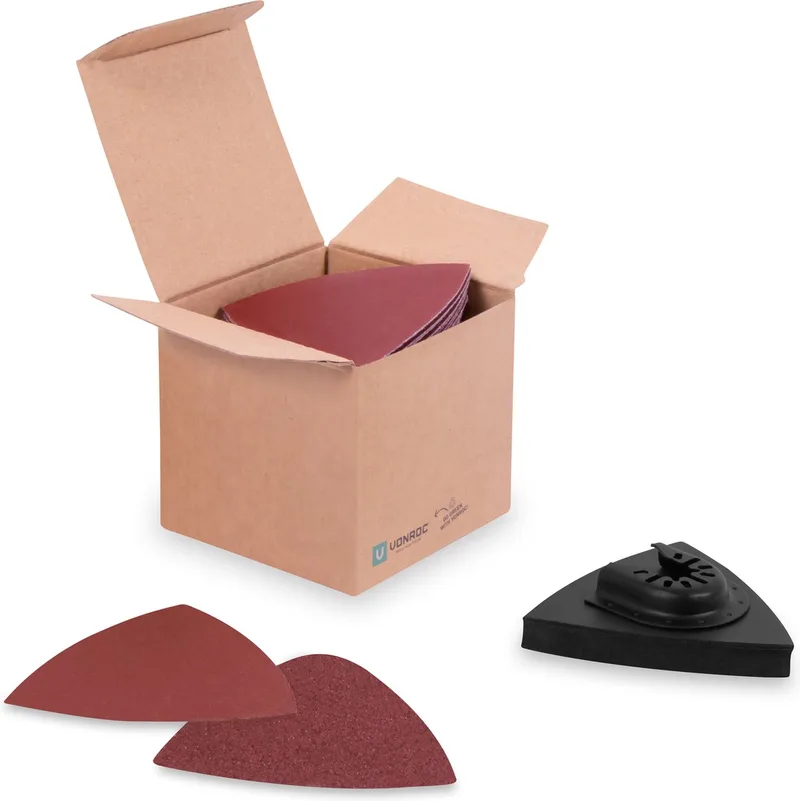 Schuurpapier & Delta schuurpad set – 80/82mm - 50 vellen met korrel 60, 80, 100, 120 en 140 - Universeel van VONROC – productafbeelding