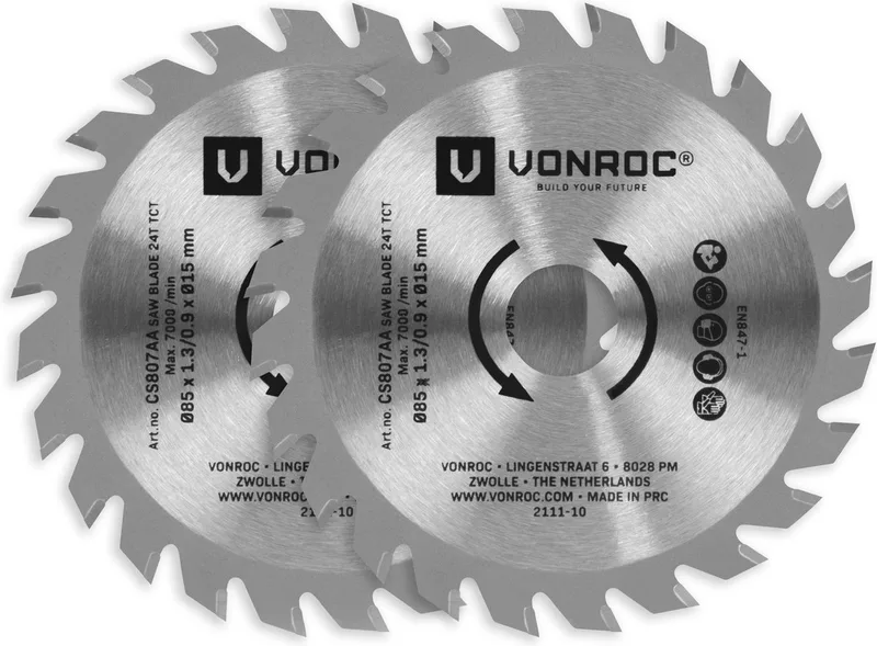 TCT zaagbladen voor mini cirkel- en invalzagen – 85x15mm – 24 tanden - 2 stuks cirkelzaagbladen – Voor hout, laminaat en kunststof von VONROC – Produktbild