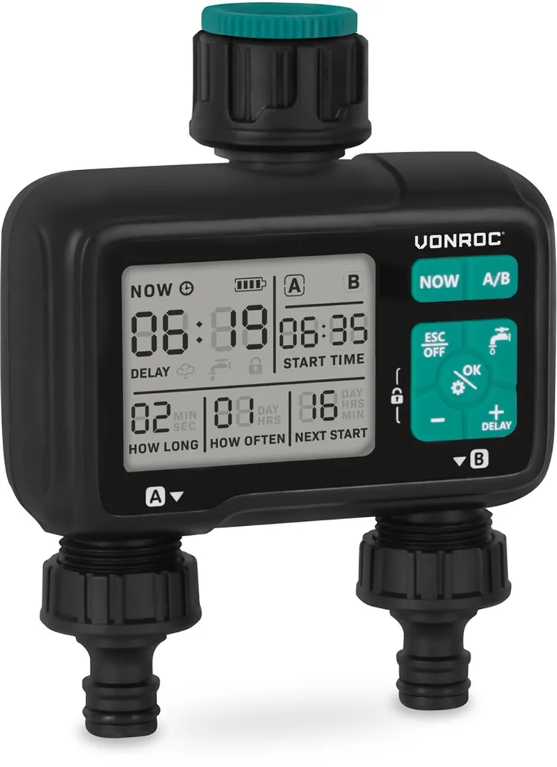 VONROC 2-weg watertimer – Besproeiingscomputer voor 2 zones – Instelbare bewateringstijd en - frequentie per zone de VONROC – image du produit