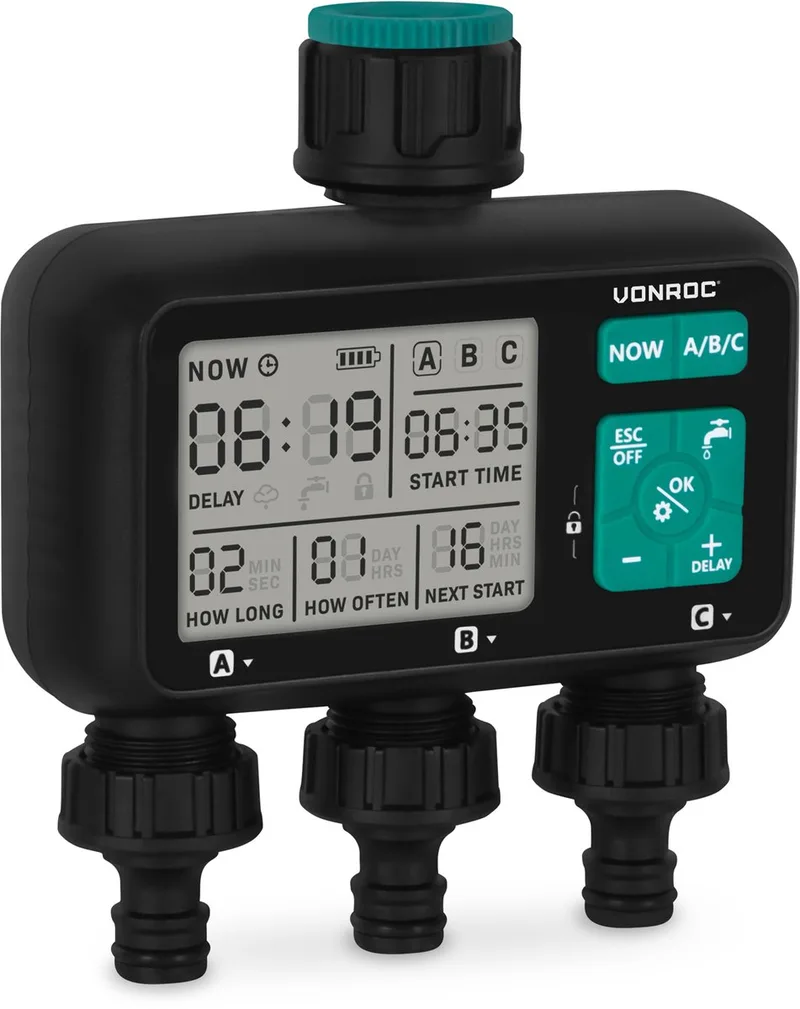 VONROC 3-weg watertimer – Besproeiingscomputer voor 3 zones – Instelbare bewateringstijd en -frequentie per zone by VONROC – product image